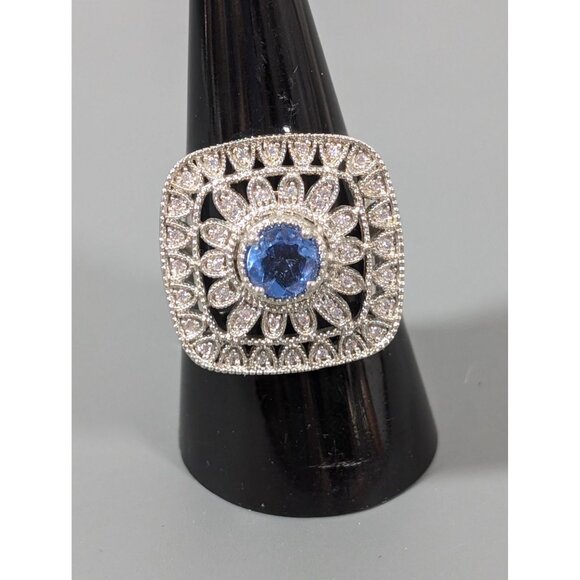 Edwardian Style Blue Rhinestone Square Pave Cocktail Ring Size 9 Statement Silve - Picture 1 of 10